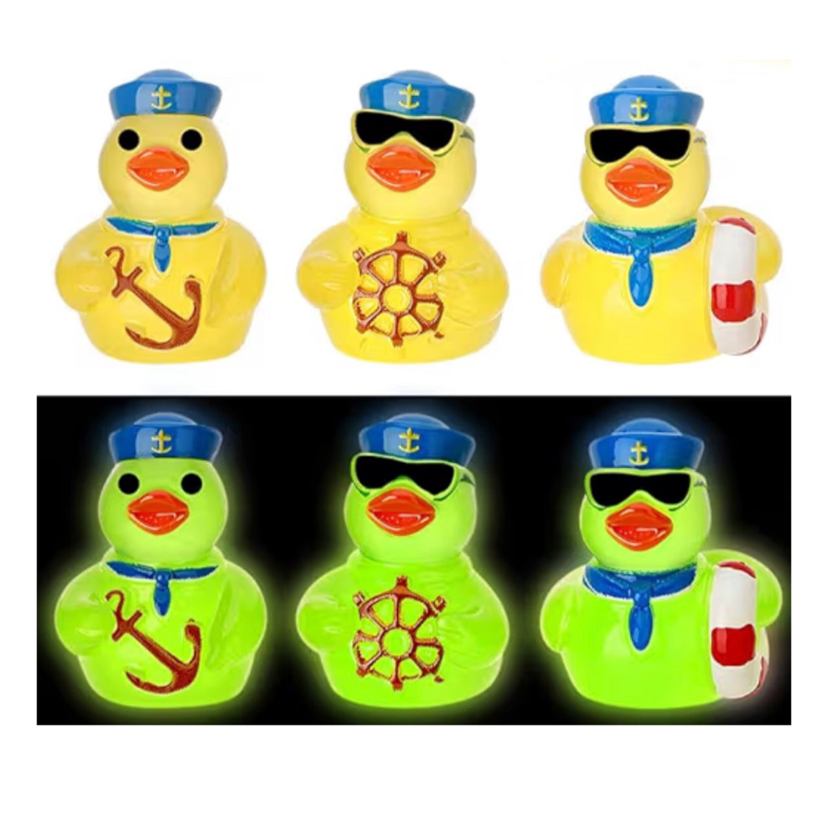 Set of 6, Glow-in-the-Dark Yellow Sailor Themed Mini Resin Ducks, Magnetic or Non-Magnetic, Optional Personalized Duck Hiding Tags
