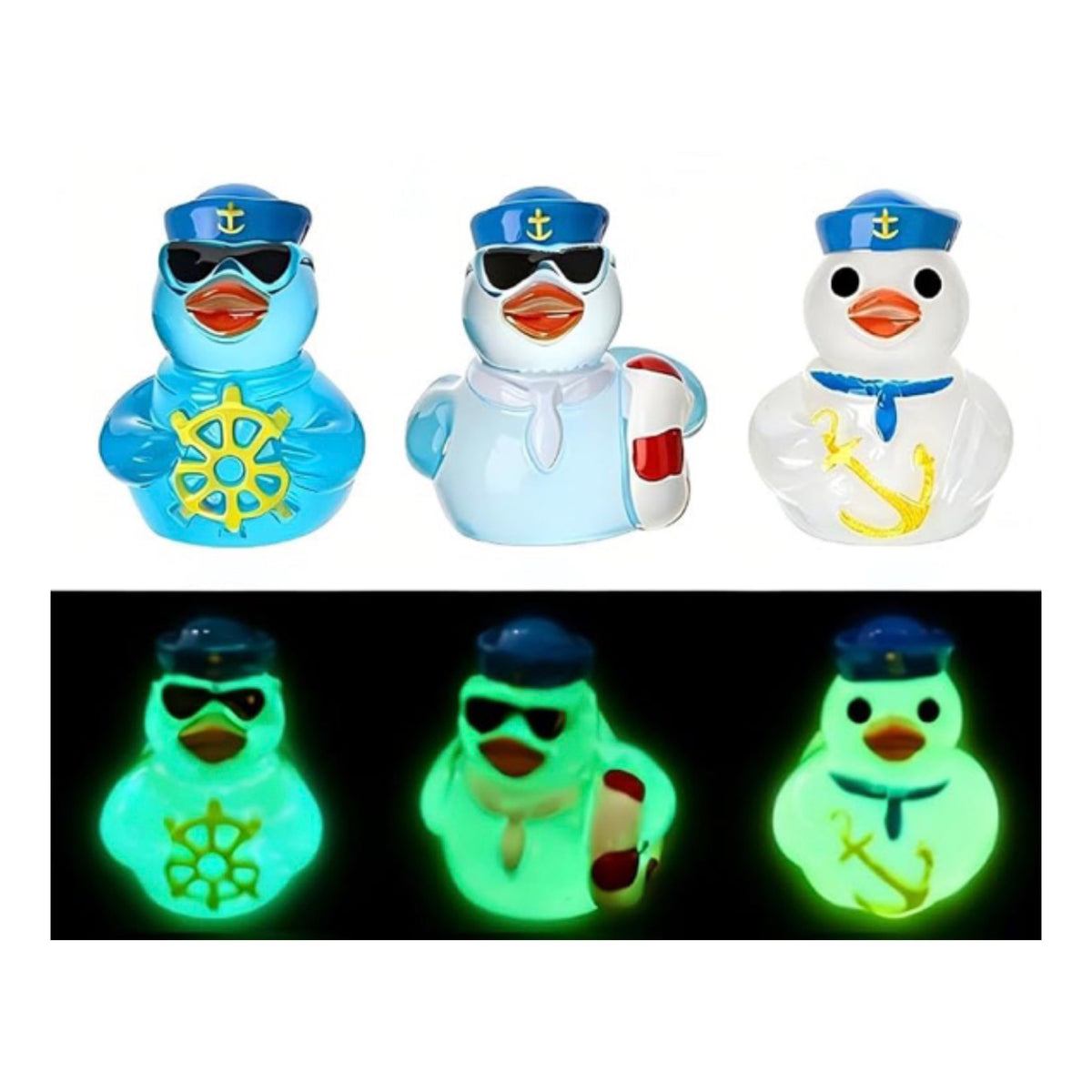 Set of 6, Glow-in-the-Dark Blue Sailor Themed Mini Resin Ducks, Magnetic or Non-Magnetic, Optional Personalized Duck Hiding Tags