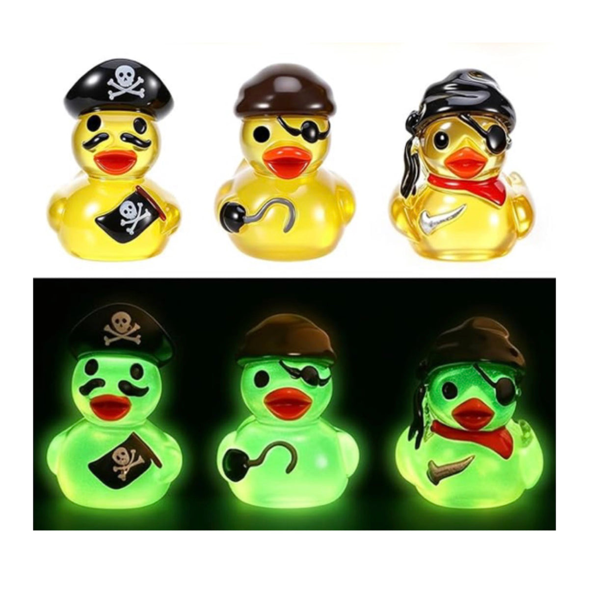 Set of 6, Glow-in-the-Dark Yellow Pirate Themed Mini Resin Ducks, Magnetic or Non-Magnetic, Optional Personalized Duck Hiding Tags