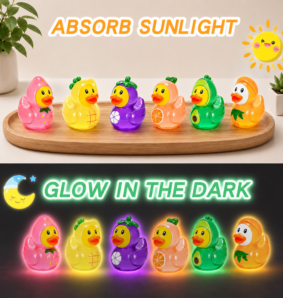 Set of 6, Glow-in-the-Dark Fruit Themed Mini Resin Ducks, Magnetic or Non-Magnetic, Optional Personalized Duck Hiding Tags
