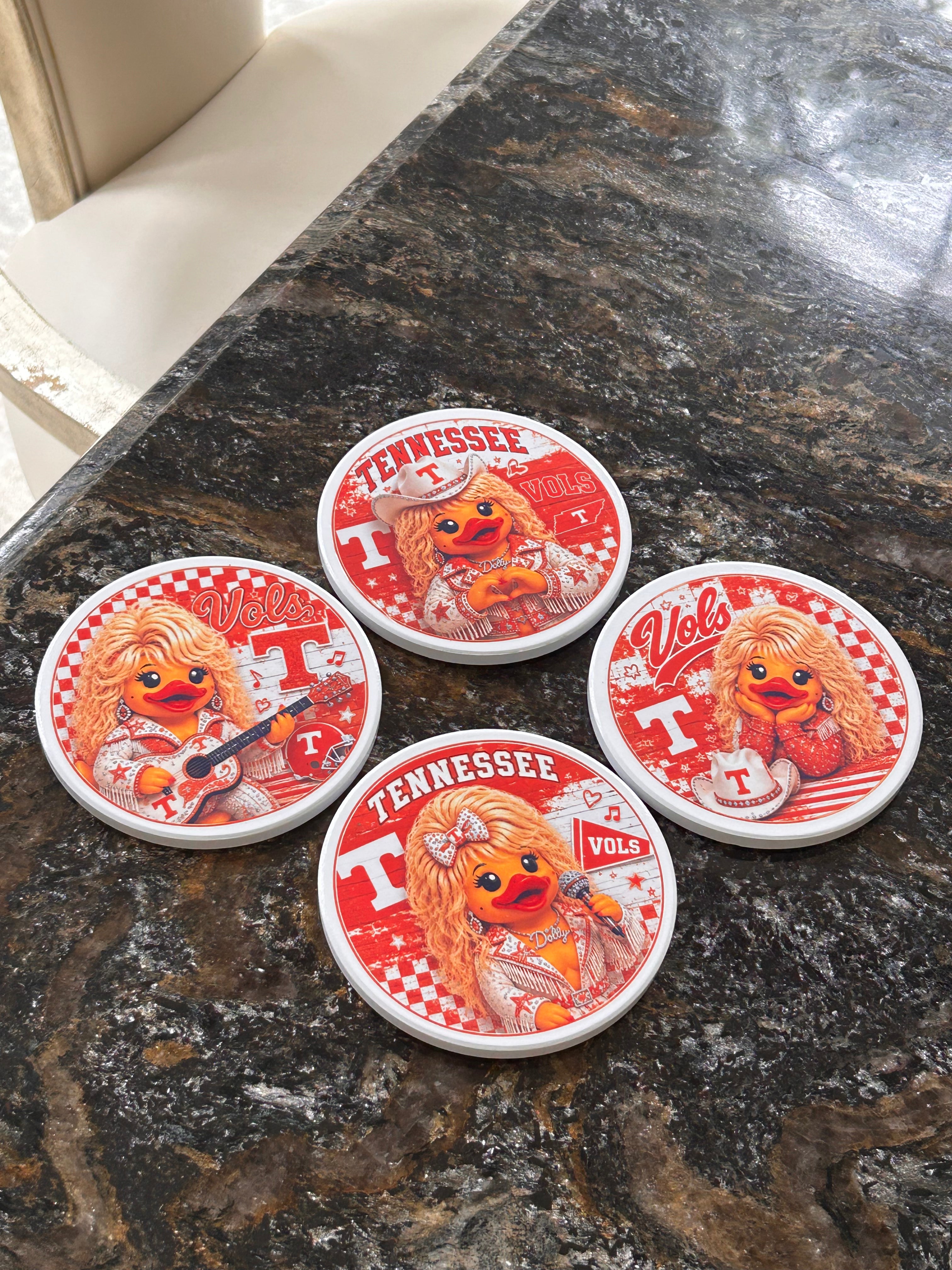 Set of 4 Orange & White Country Duck Coasters – Handmade 4 Inch Glazed Coasters with Cork Backs – Country Music Duck Gift