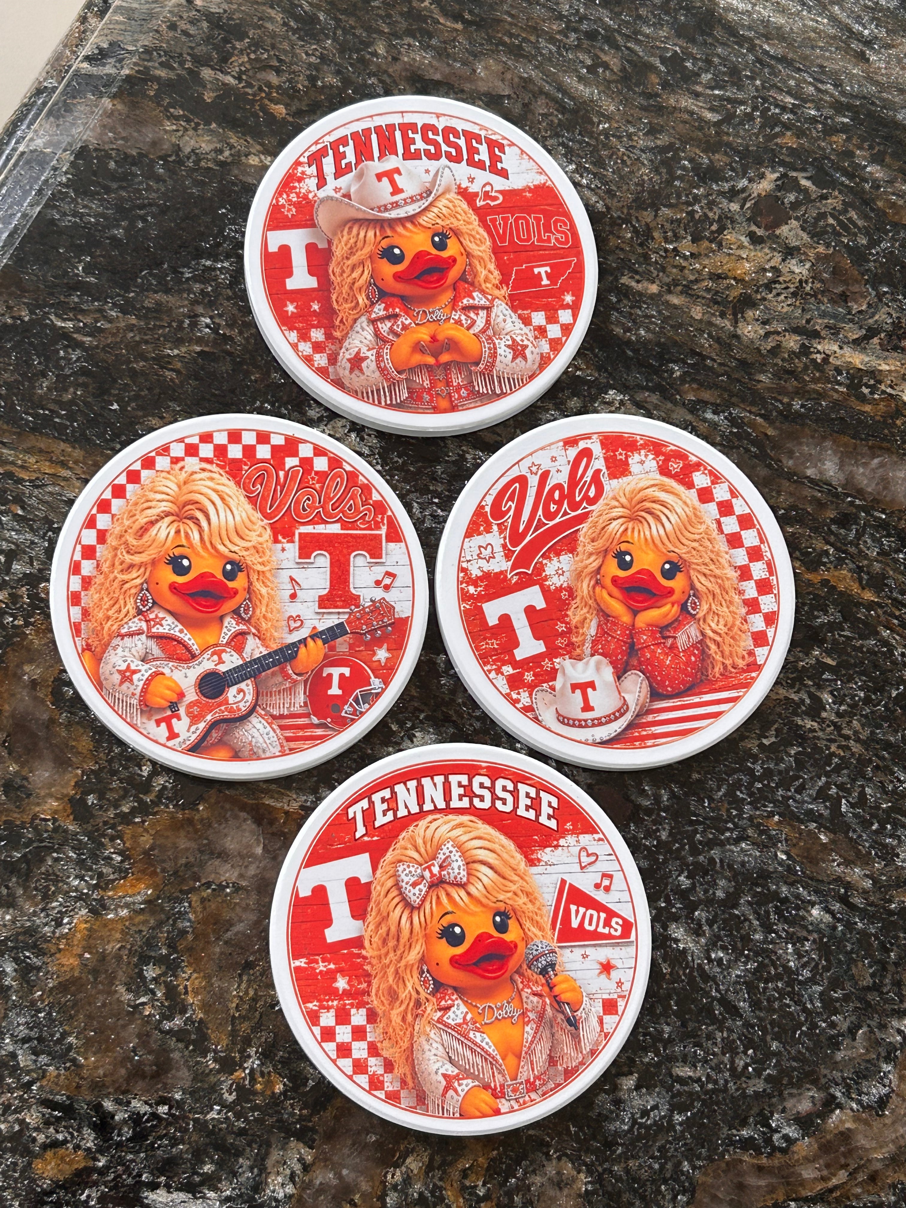 Set of 4 Orange & White Country Duck Coasters – Handmade 4 Inch Glazed Coasters with Cork Backs – Country Music Duck Gift