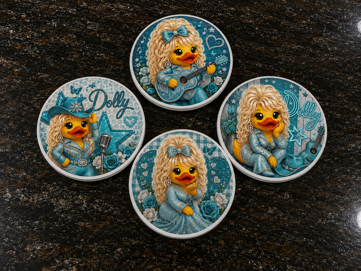 Set of 4 Turquoise Country Glam Duck Coasters – Handmade 4 Inch Glazed Coasters with Cork Backs – Western Duck Decor – Country Music Gift