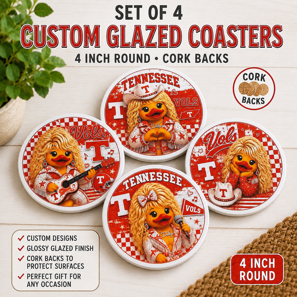 Set of 4 Orange & White Country Duck Coasters – Handmade 4 Inch Glazed Coasters with Cork Backs – Country Music Duck Gift