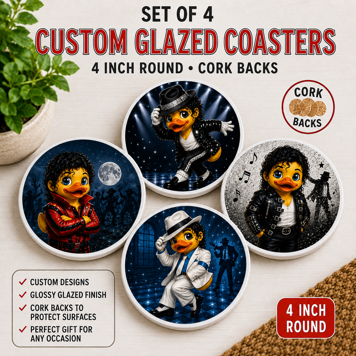 Set of 4 Pop Music Themed Handmade Duck Coasters – 4 Inch Custom Glazed Coasters with Cork Backs – Duck Decor – Music Lover Gift