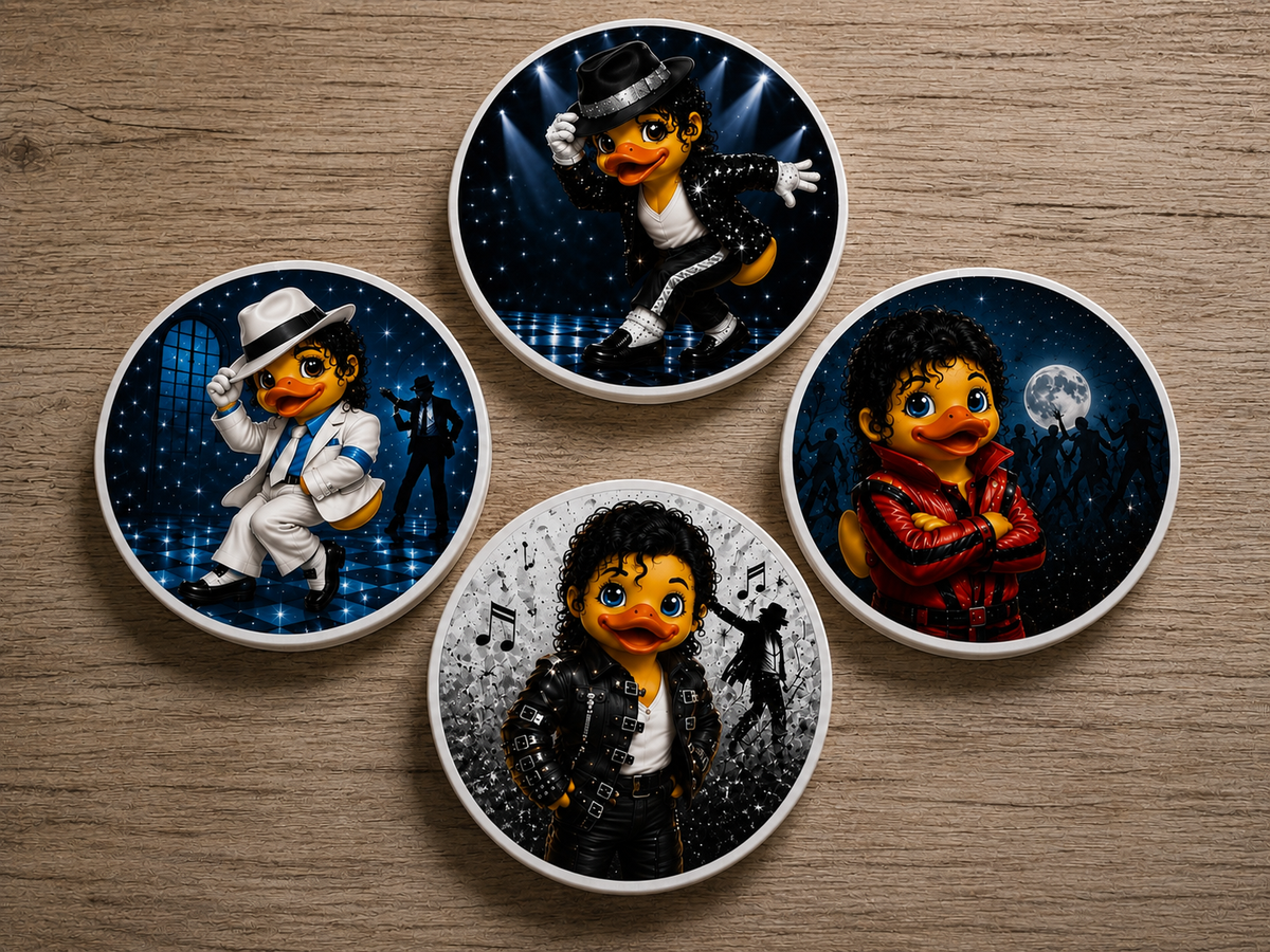 Set of 4 Pop Music Themed Handmade Duck Coasters – 4 Inch Custom Glazed Coasters with Cork Backs – Duck Decor – Music Lover Gift
