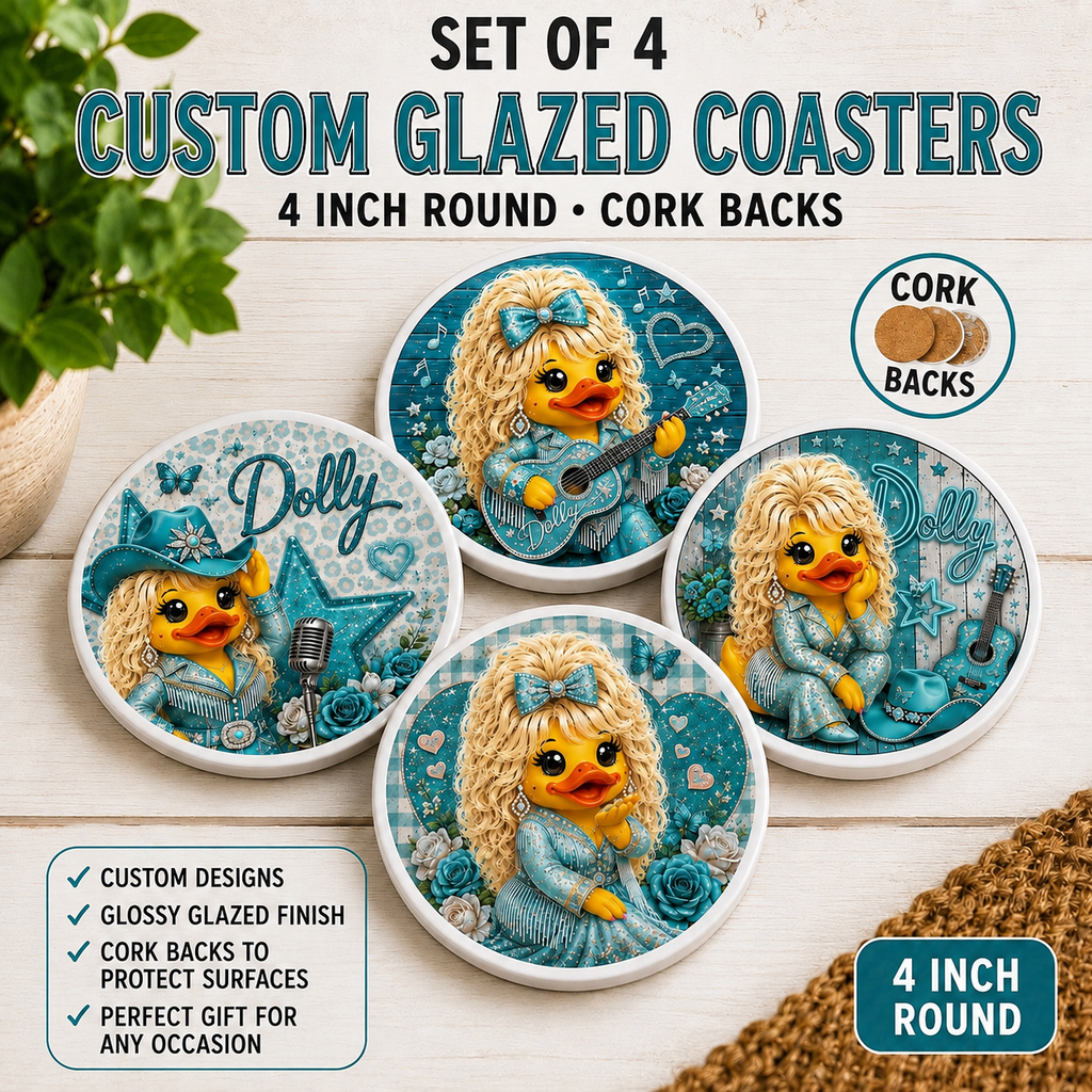 Set of 4 Turquoise Country Glam Duck Coasters – Handmade 4 Inch Glazed Coasters with Cork Backs – Western Duck Decor – Country Music Gift
