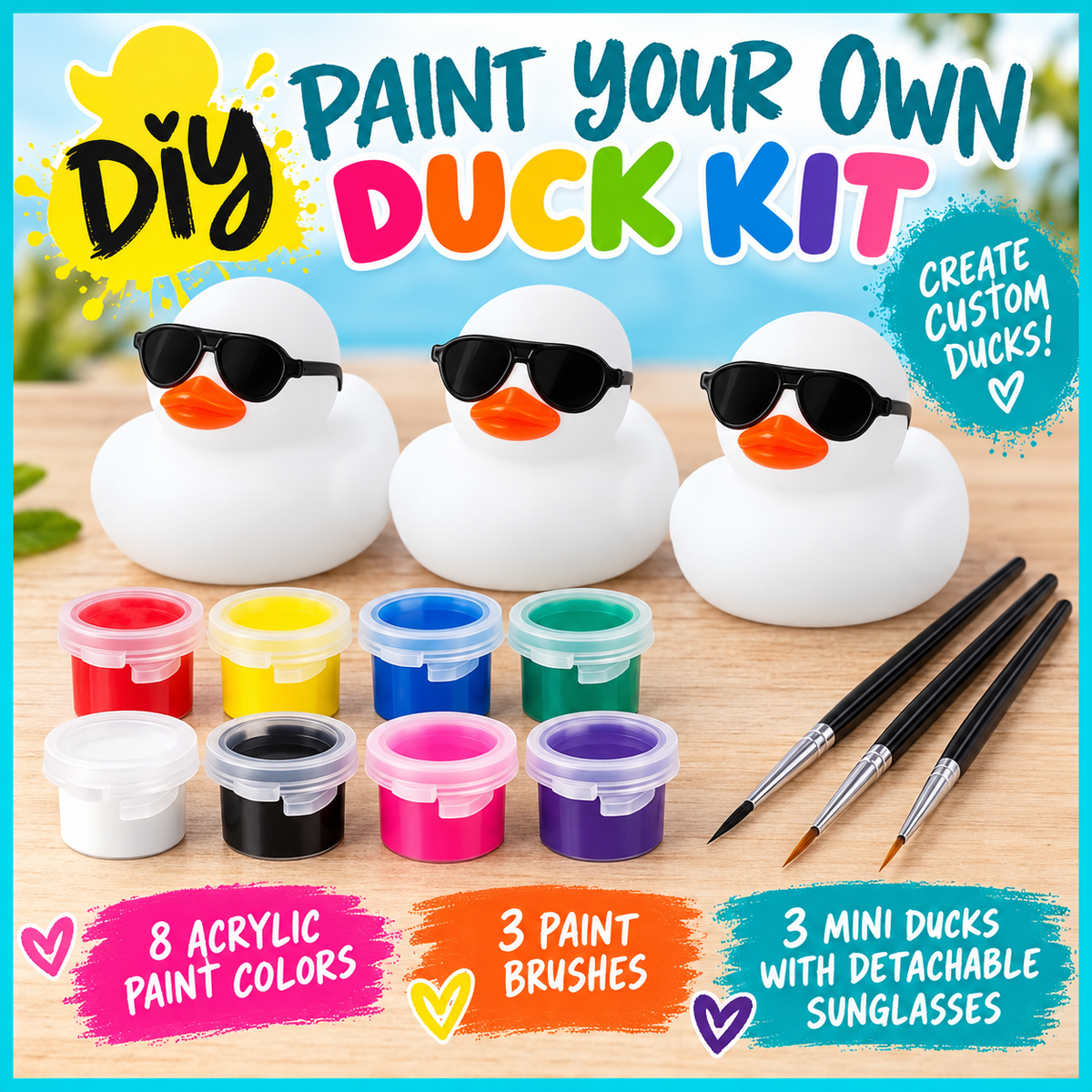 Paint Your Own Duck Kit – 3 White Rubber Ducks, 8 Acrylic Paints & 3 Brushes – DIY Duck Craft Kit with Detachable Sunglasses