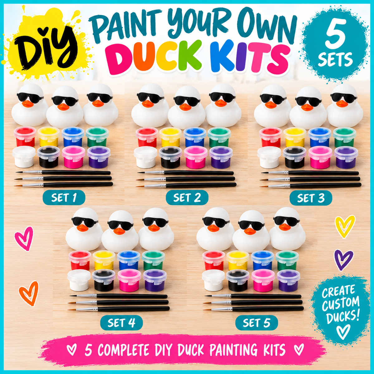 Paint Your Own Duck Kit – 3 White Rubber Ducks, 8 Acrylic Paints & 3 Brushes – DIY Duck Craft Kit with Detachable Sunglasses