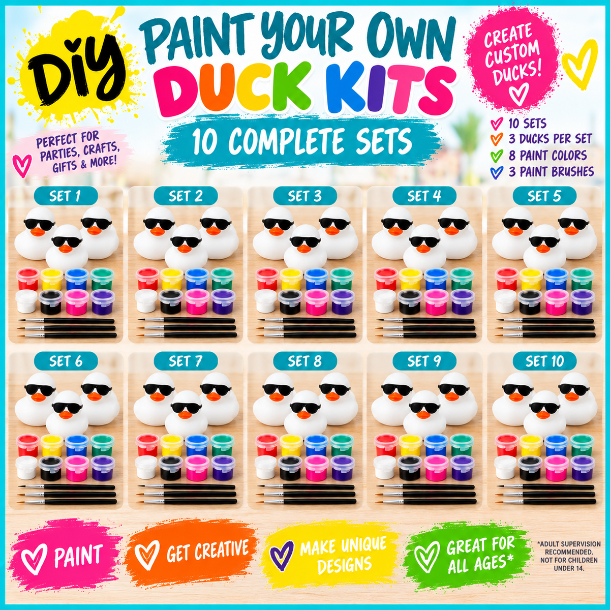 Paint Your Own Duck Kit – 3 White Rubber Ducks, 8 Acrylic Paints & 3 Brushes – DIY Duck Craft Kit with Detachable Sunglasses