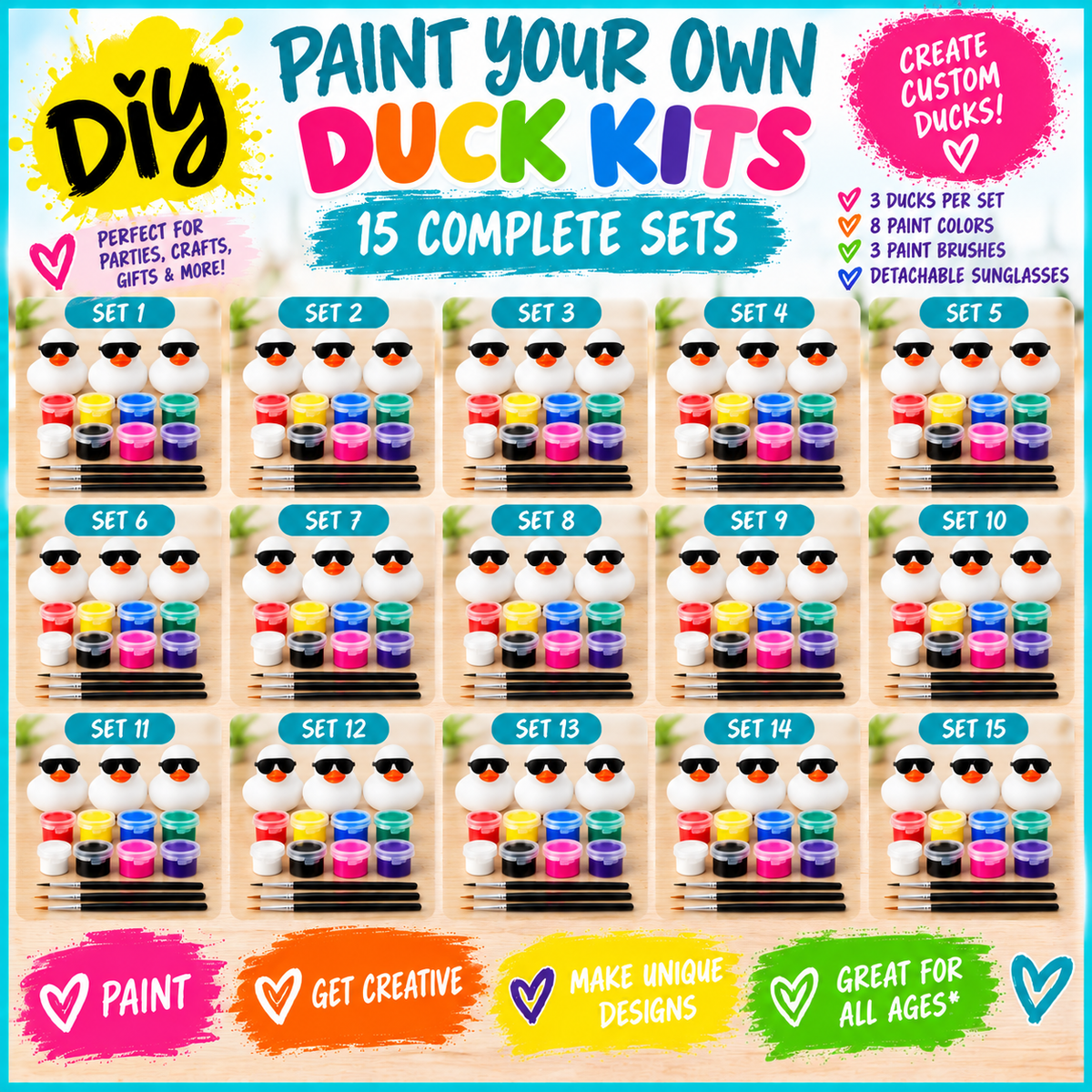 Paint Your Own Duck Kit – 3 White Rubber Ducks, 8 Acrylic Paints & 3 Brushes – DIY Duck Craft Kit with Detachable Sunglasses