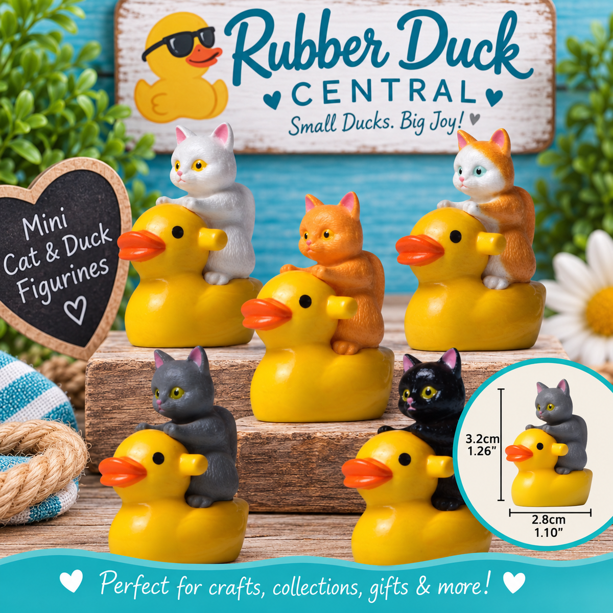 Set of 5, Larger Kitten & Duck Themed Mini Resin Ducks, Magnetic or Non-Magnetic, Optional Personalized Duck Hiding Tags