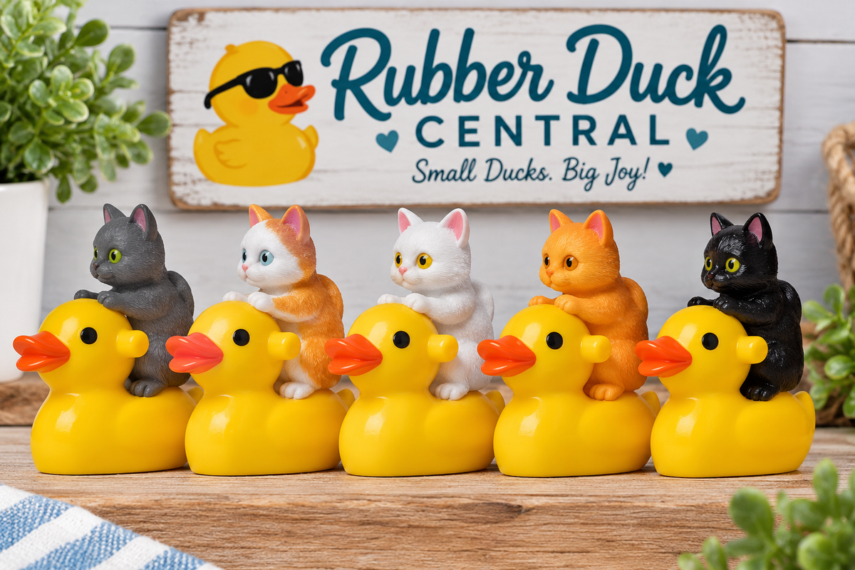 Set of 5, Larger Kitten & Duck Themed Mini Resin Ducks, Magnetic or Non-Magnetic, Optional Personalized Duck Hiding Tags