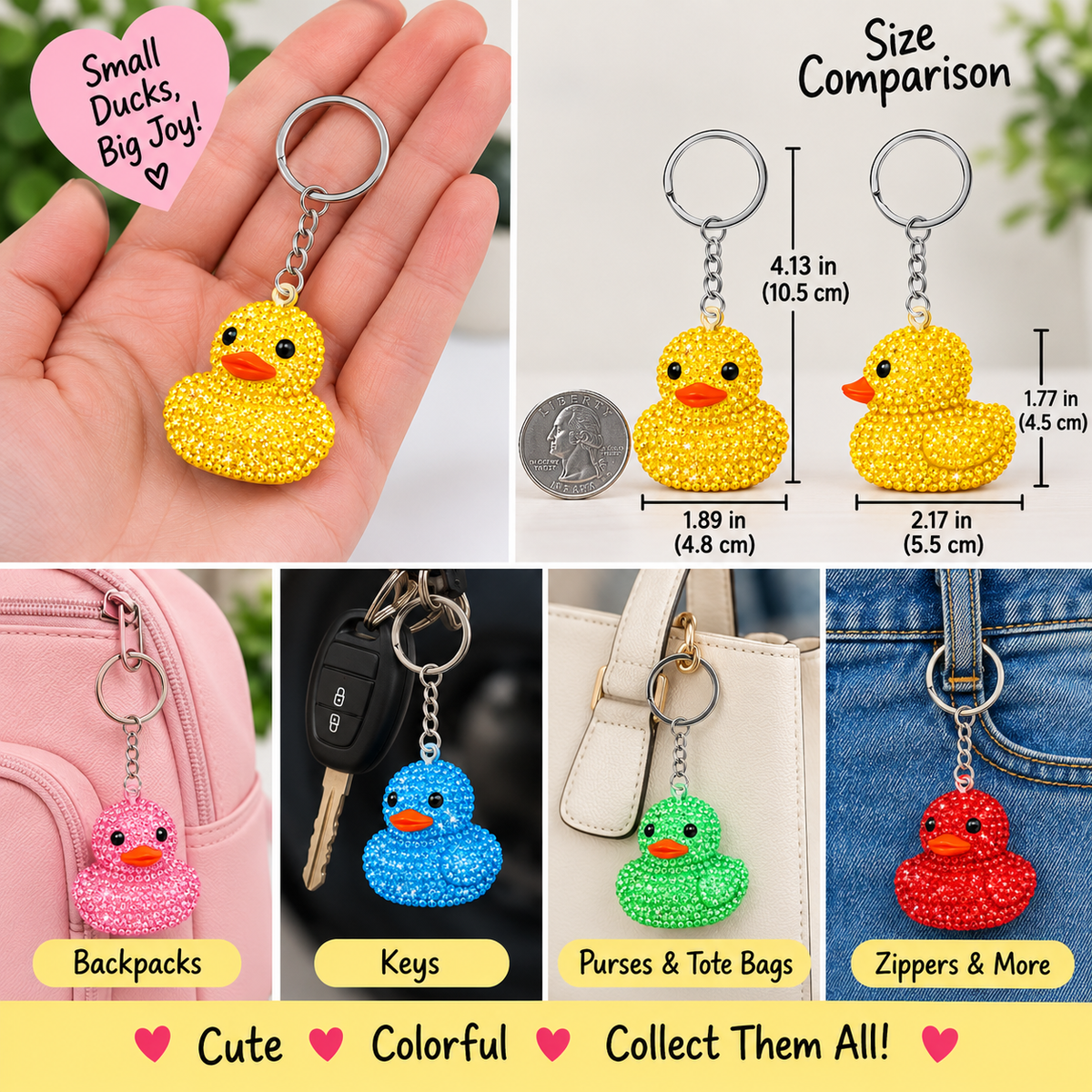Handmade Bling Rubber Duck Keychain – Rhinestone Duck Bag Charm – Choose Your Color or Set of 6 – Sparkly Duck Lover Gift