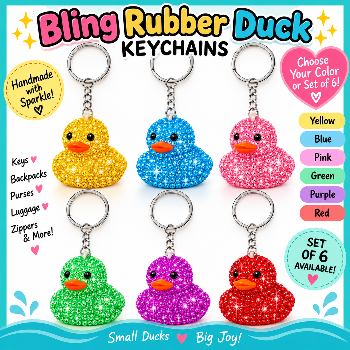 Handmade Bling Rubber Duck Keychain – Rhinestone Duck Bag Charm – Choose Your Color or Set of 6 – Sparkly Duck Lover Gift