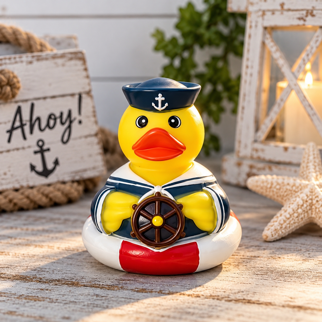 Hand Painted Large Sailor Rubber Duck – Nautical Captain Duck with Ship Wheel – Beach Coastal Decor – Cruise Duck – Duck Collector Gift