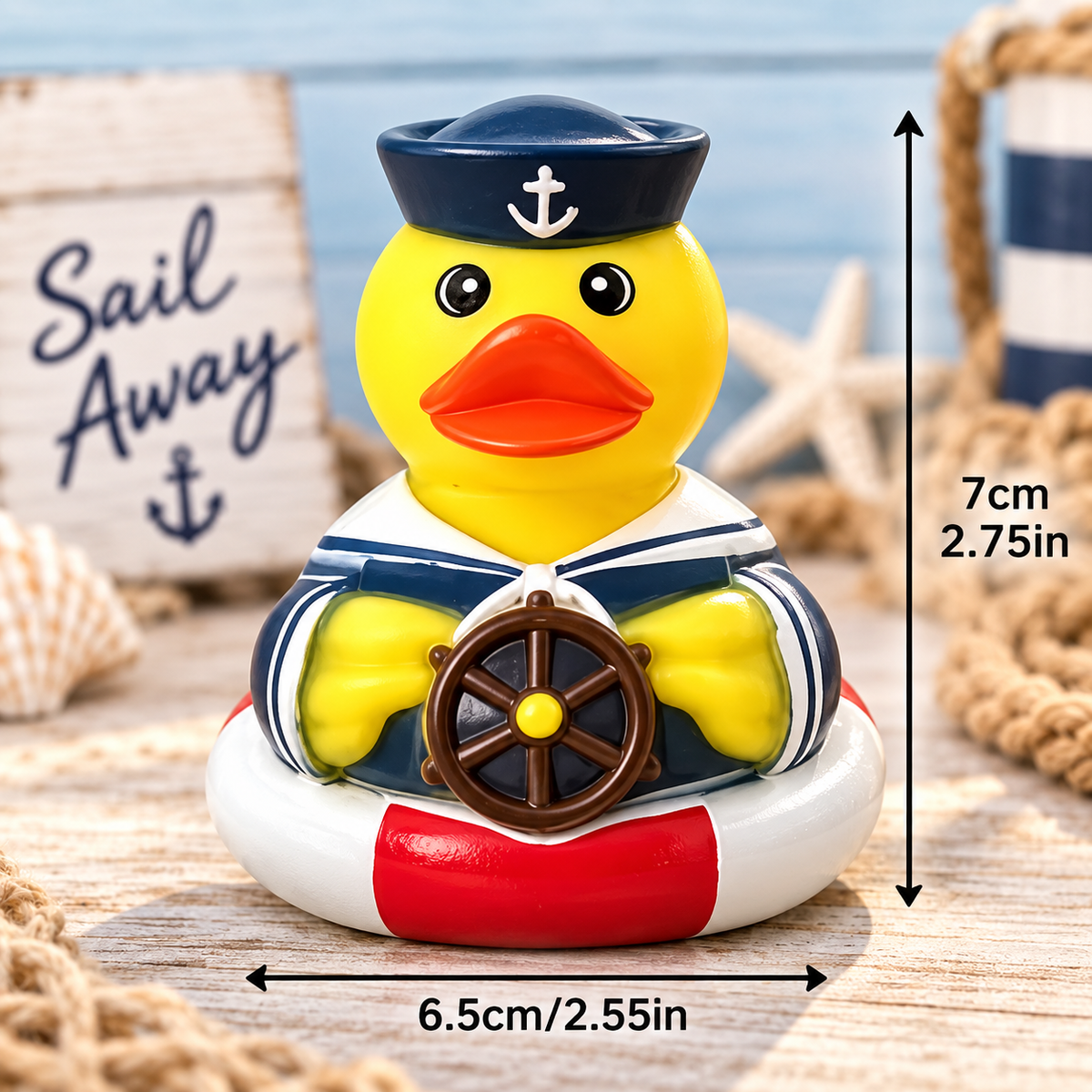 Hand Painted Large Sailor Rubber Duck – Nautical Captain Duck with Ship Wheel – Beach Coastal Decor – Cruise Duck – Duck Collector Gift