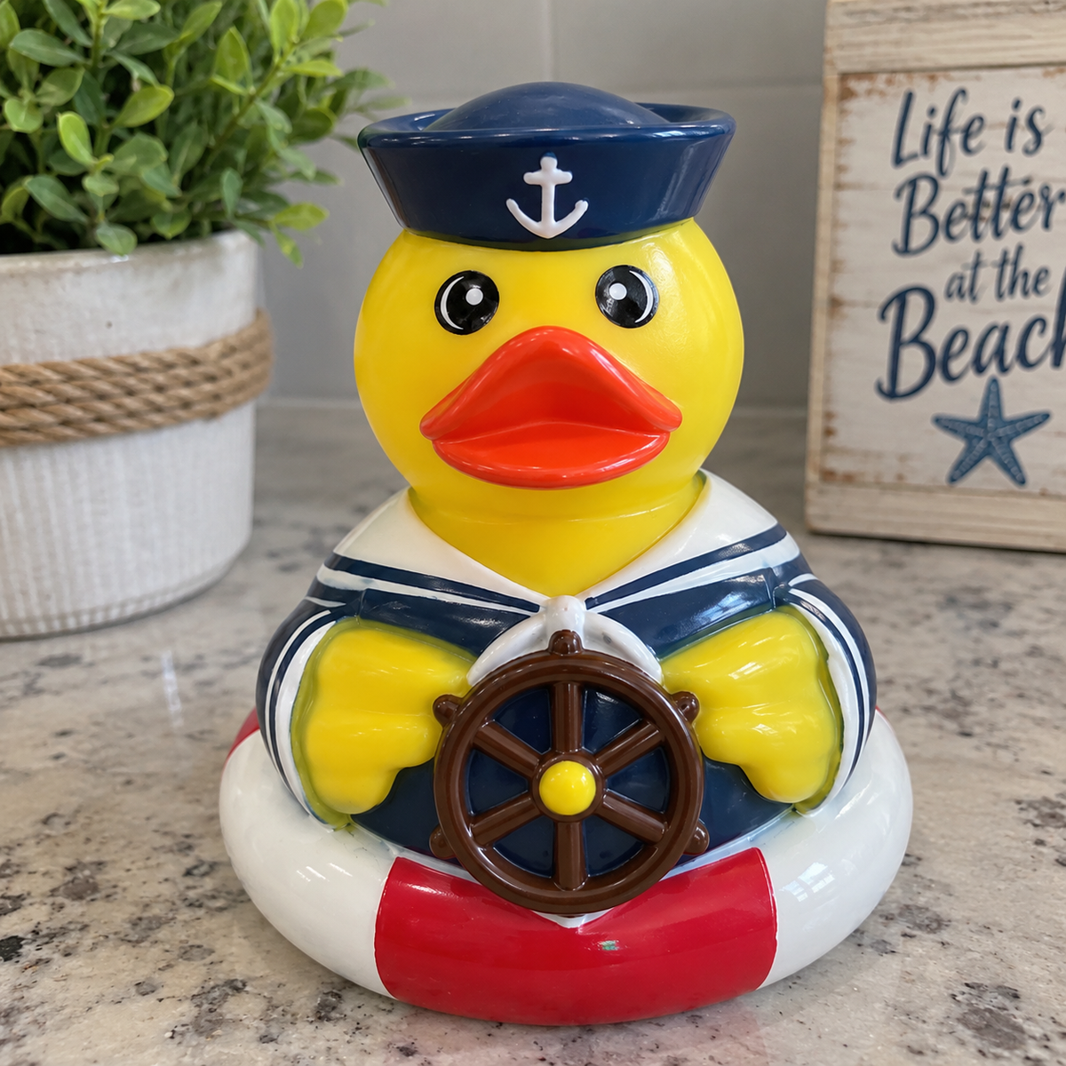 Hand Painted Large Sailor Rubber Duck – Nautical Captain Duck with Ship Wheel – Beach Coastal Decor – Cruise Duck – Duck Collector Gift