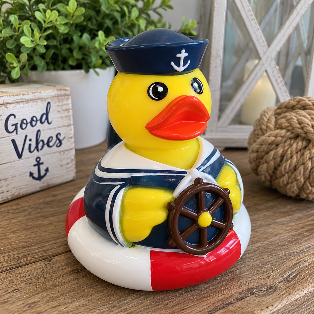Hand Painted Large Sailor Rubber Duck – Nautical Captain Duck with Ship Wheel – Beach Coastal Decor – Cruise Duck – Duck Collector Gift