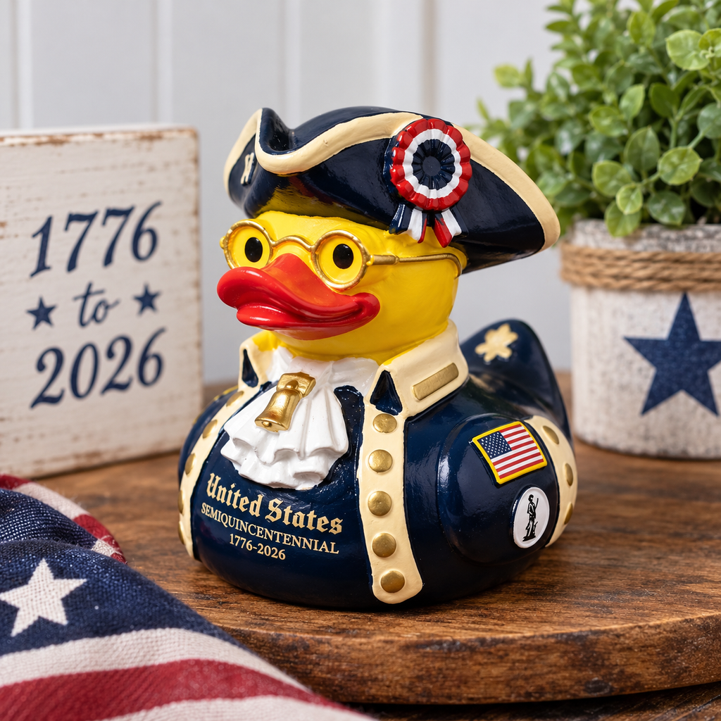 Hand Painted Patriotic Resin Duck – 1776–2026 250th Anniversary Colonial Duck – Americana Décor – Large Collectible Duck