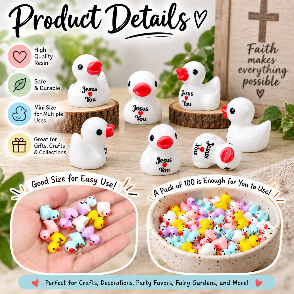 Set of 5, Religious “Jesus Loves You” Themed Mini Resin Ducks, Magnetic or Non-Magnetic, Optional Personalized Duck Hiding Tags