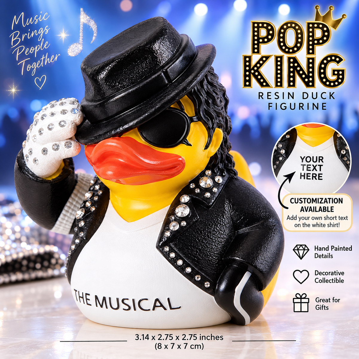 Hand Painted Pop King Inspired Resin Duck Figurine – Personalized Music Lover Collectible – Custom Text Shirt – Rhinestone Duck Decor