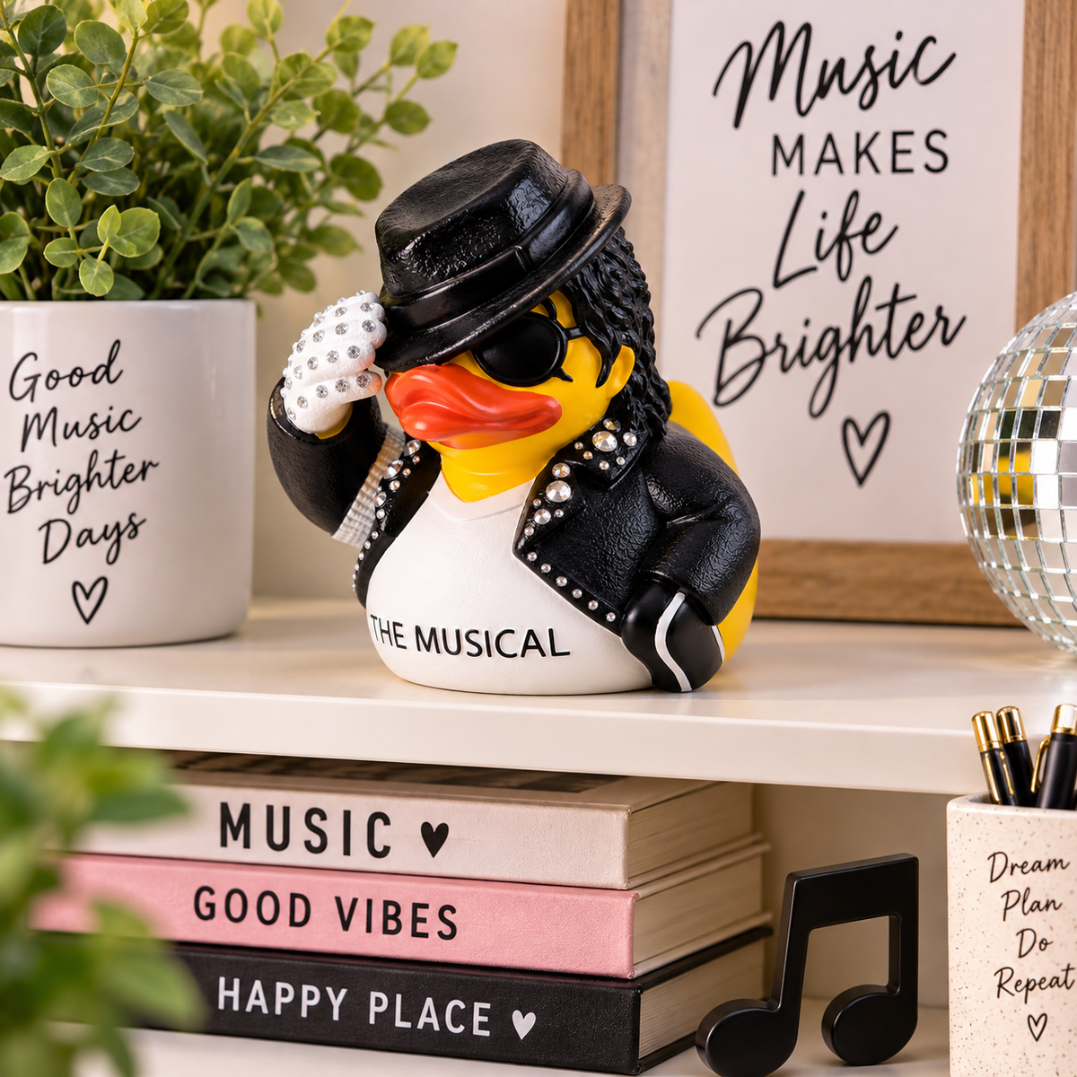 Hand Painted Pop King Inspired Resin Duck Figurine – Personalized Music Lover Collectible – Custom Text Shirt – Rhinestone Duck Decor