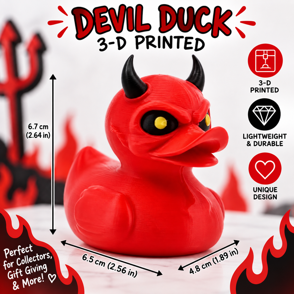 3D Printed Devil Duck – Handmade Red Demon Rubber Duck Style Figurine – Horned Duck Collectible – Halloween Gothic Desk Decor – Duck Gift
