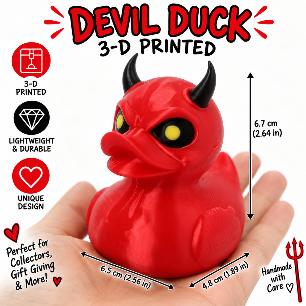 3D Printed Devil Duck – Handmade Red Demon Rubber Duck Style Figurine – Horned Duck Collectible – Halloween Gothic Desk Decor – Duck Gift