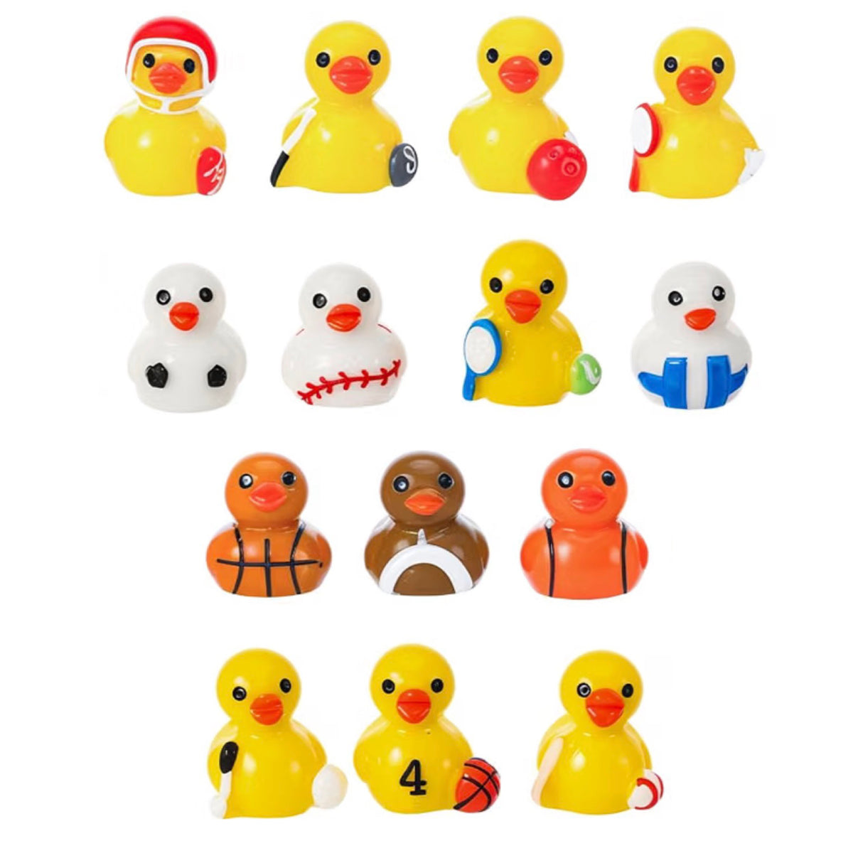 Set of 14, All Around Sports Themed Mini Resin Ducks, Magnetic or Non-Magnetic, Optional Personalized Duck Hiding Tags