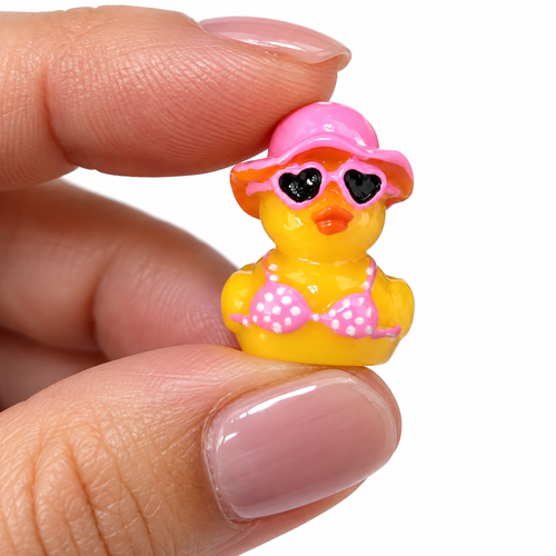 A0-Set of 5, Pink Polka Dot Swimsuit Themed Mini Resin Ducks, Magnetic or Non-Magnetic, Optional Personalized Duck Hiding Tags