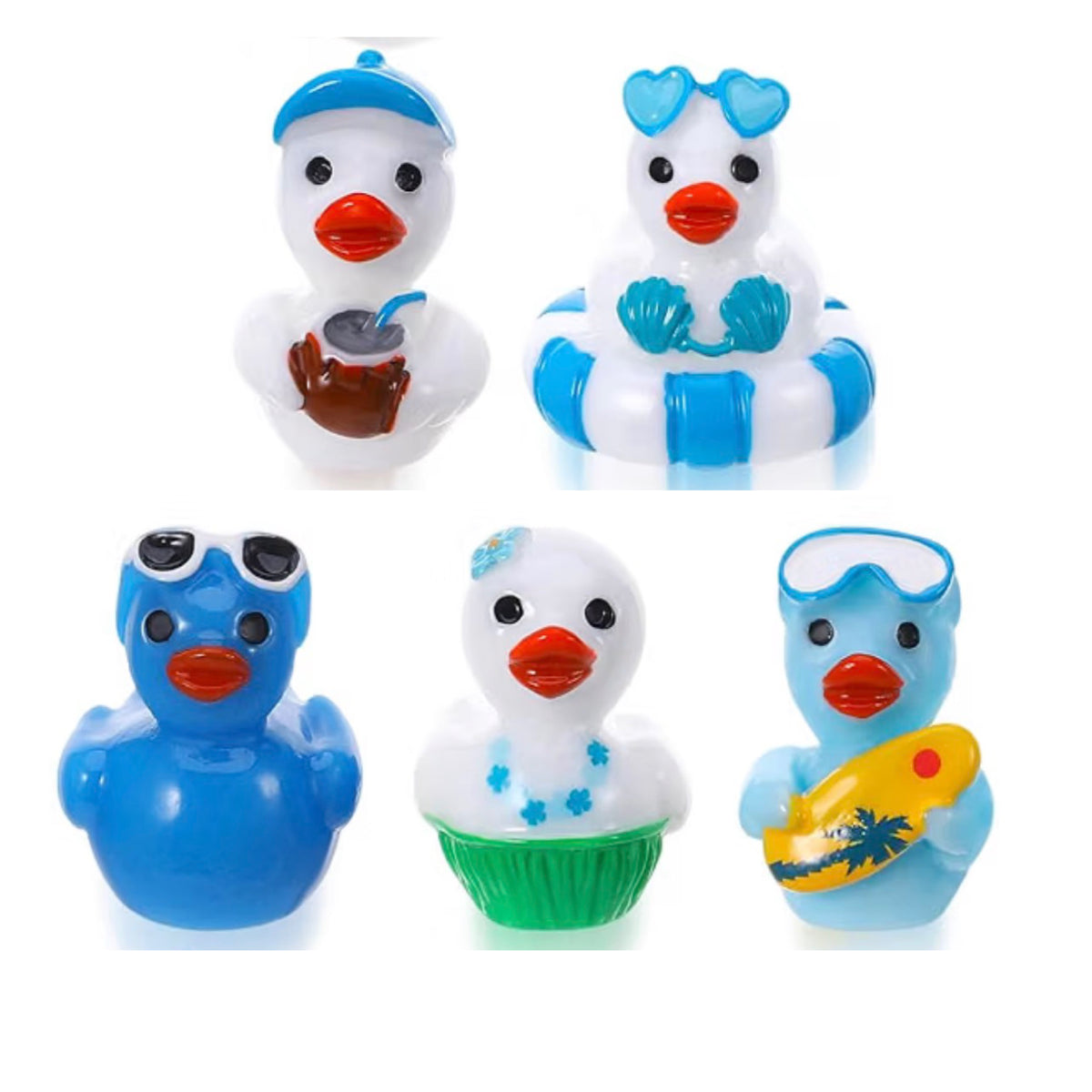 Set of 5, Vacation White/Blue Themed Mini Resin Ducks, Magnetic or Non-Magnetic, Optional Personalized Duck Hiding Tags