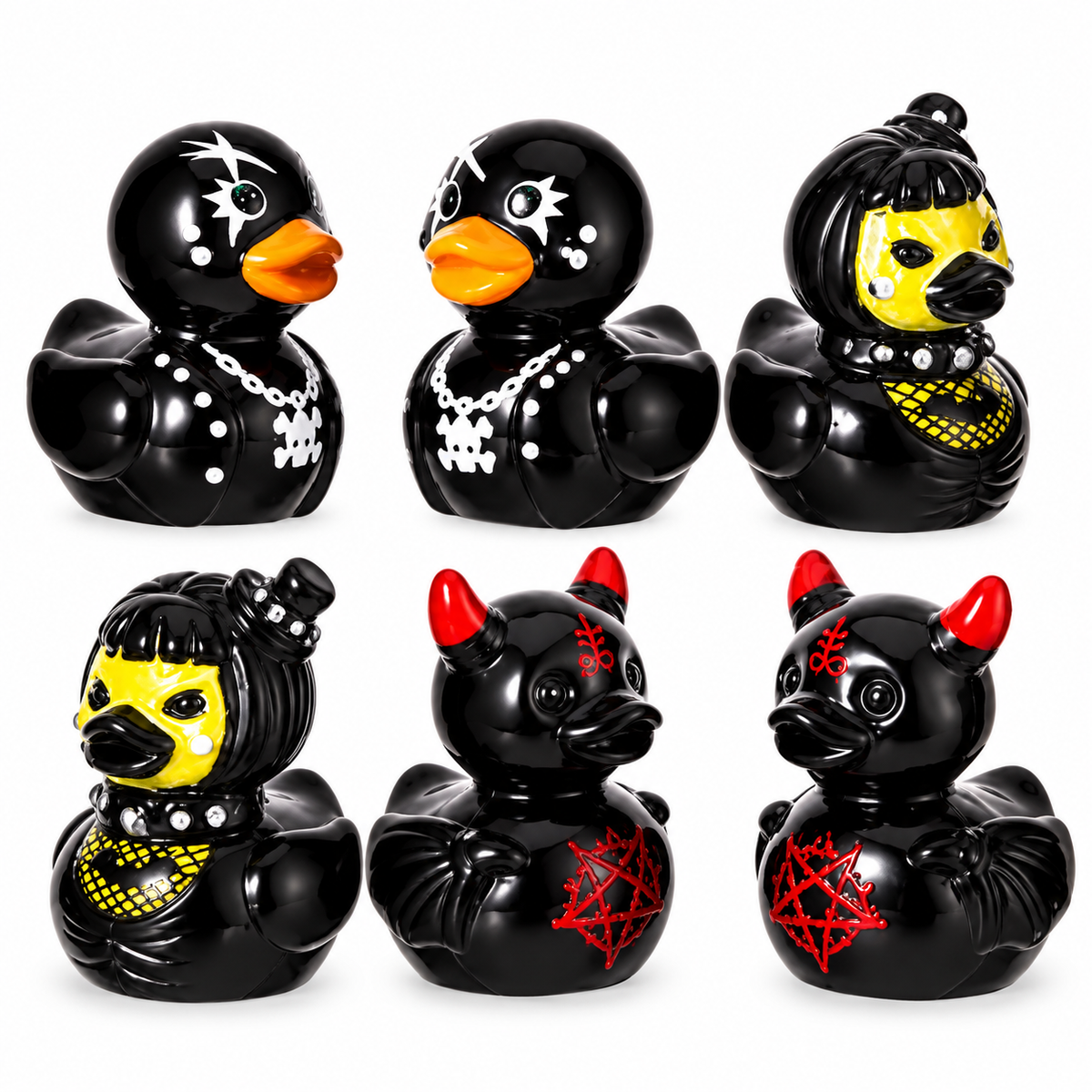 A0-Set of 6, Gothic Punk Themed Mini Resin Ducks, Magnetic or Non-Magnetic, Optional Personalized Duck Hiding Tags