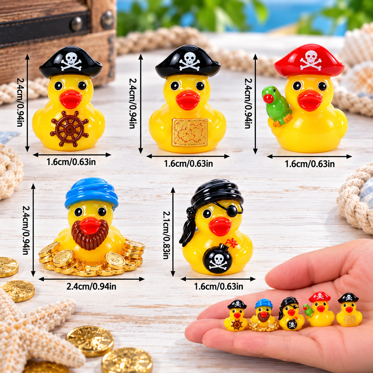 A0-Set of 5, Pirate Booty Themed Mini Resin Ducks, Magnetic or Non-Magnetic, Optional Personalized Duck Hiding Tags