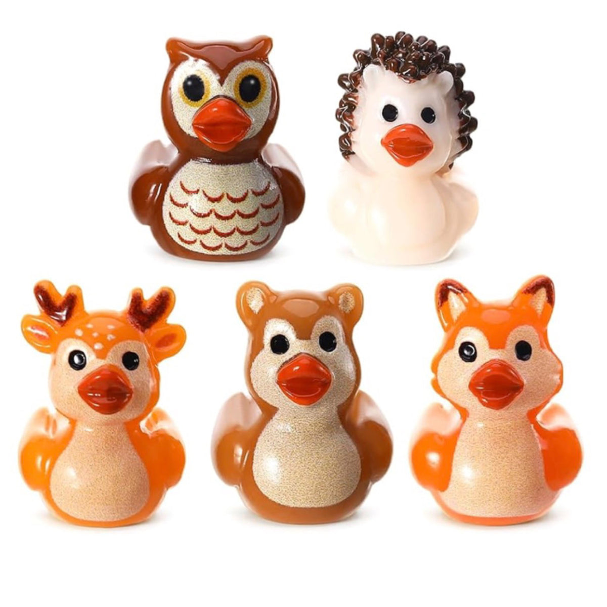 A0-Set of 5, Fall Animals Themed Mini Resin Ducks, Magnetic or Non-Magnetic, Optional Personalized Duck Hiding Tags