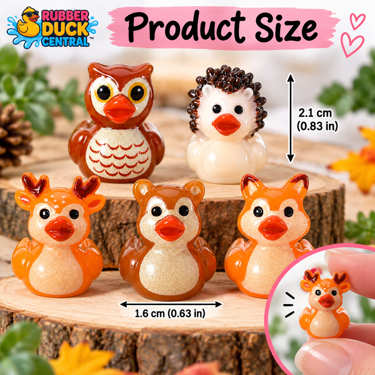 A0-Set of 5, Fall Animals Themed Mini Resin Ducks, Magnetic or Non-Magnetic, Optional Personalized Duck Hiding Tags