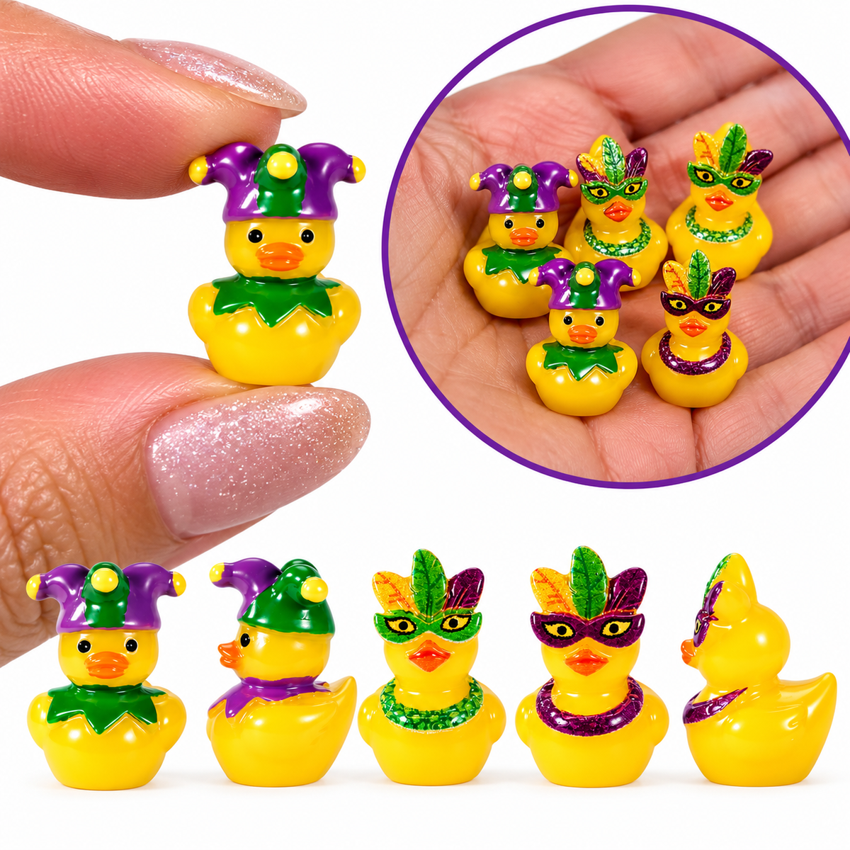 Set of 8, Mardi Gras New Orleans Themed Mini Resin Ducks, Magnetic or Non-Magnetic, Optional Personalized Duck Hiding Tags
