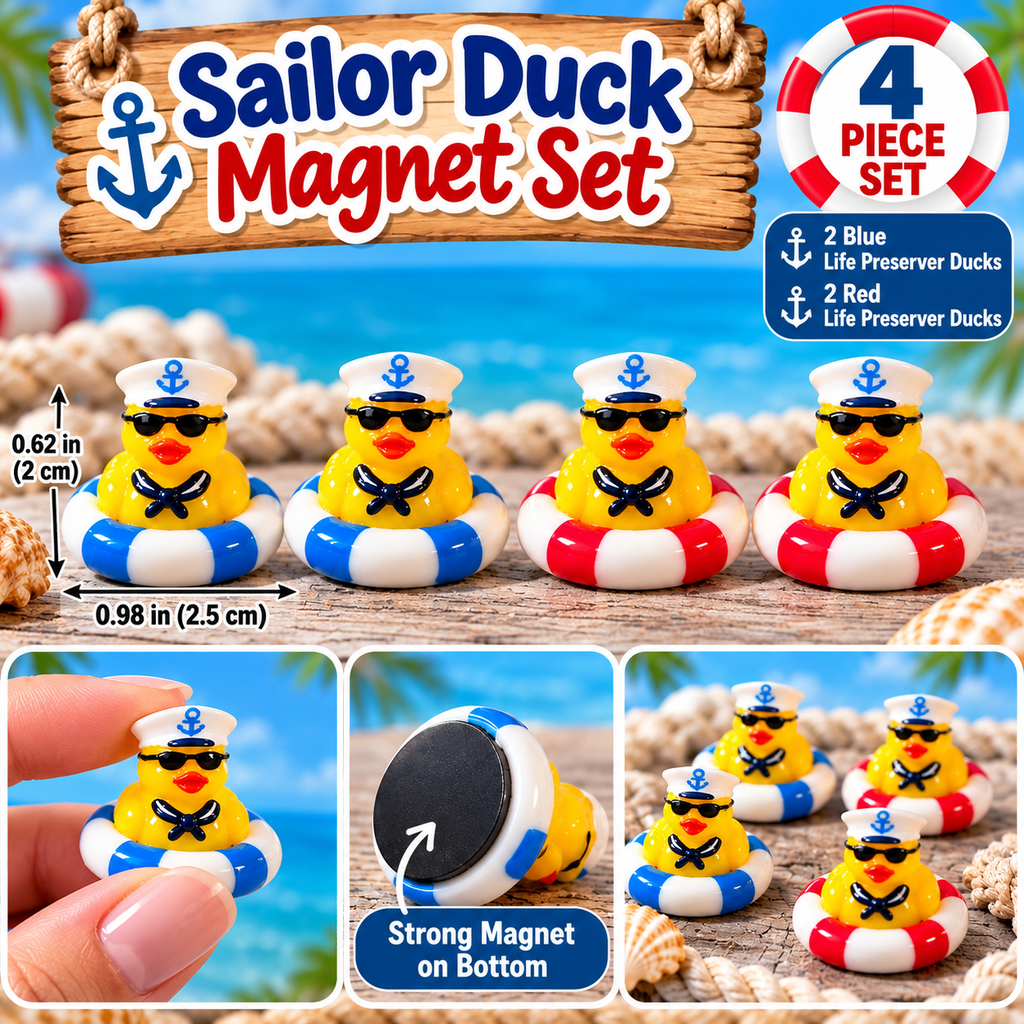 Sailor Duck Magnet Set of 4, Handmade Mini Cruise Duck Magnets, Nautical Duck Gift, Cruise Lover Gift