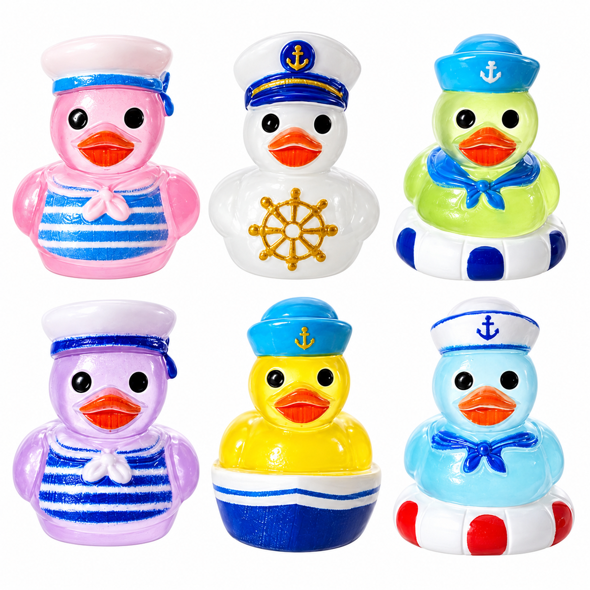 Set of 6, Glow-in-the-Dark Colorful Sailors Themed Mini Resin Ducks, Magnetic or Non-Magnetic, Optional Personalized Duck Hiding Tags