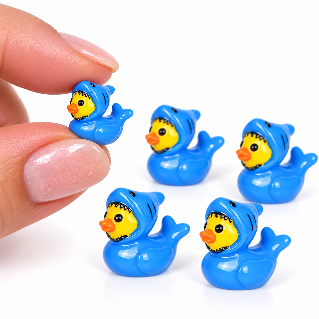 Set of 5, Shark Costume Themed Mini Resin Ducks, Magnetic or Non-Magnetic, Optional Personalized Duck Hiding Tags