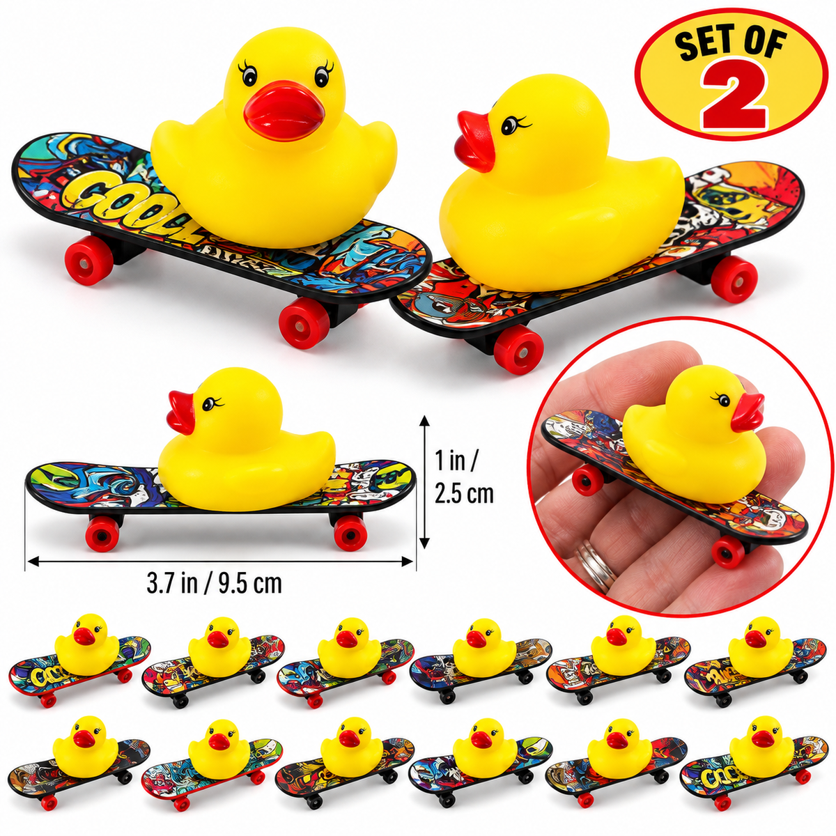 Set of 2 Mini Duck Skateboards, Handmade Rolling Rubber Duck Skateboard, Duck Collectible, Miniature Duck Gift, Random Design