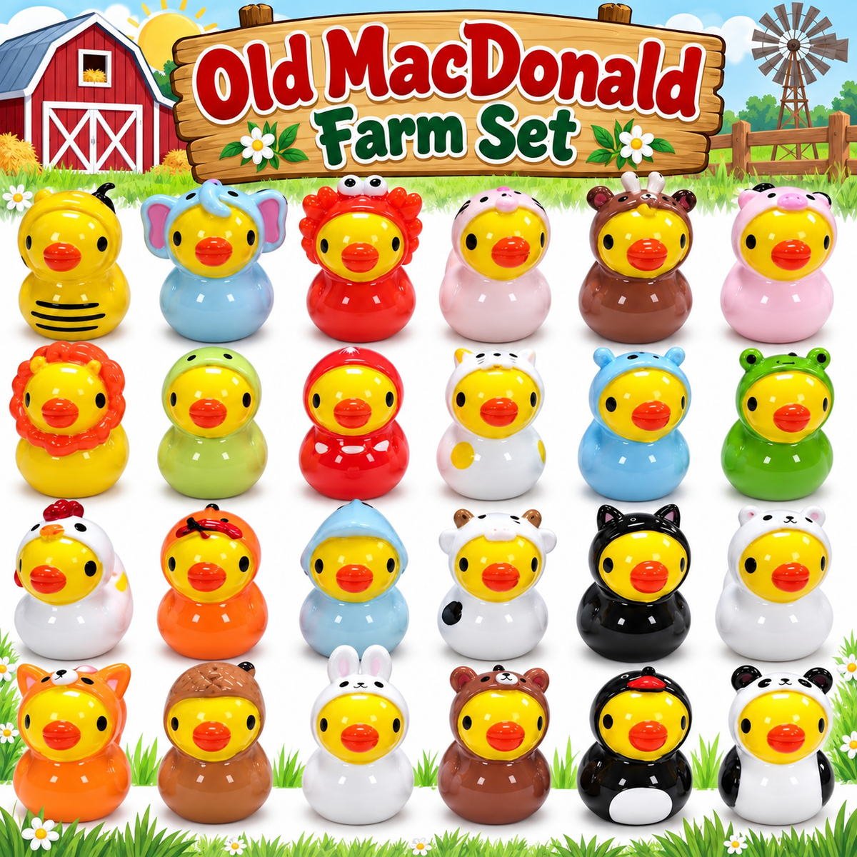 Set of 24, Old McDonald’s Farm Themed Mini Resin Ducks, Magnetic or Non-Magnetic, Optional Personalized Duck Hiding Tags