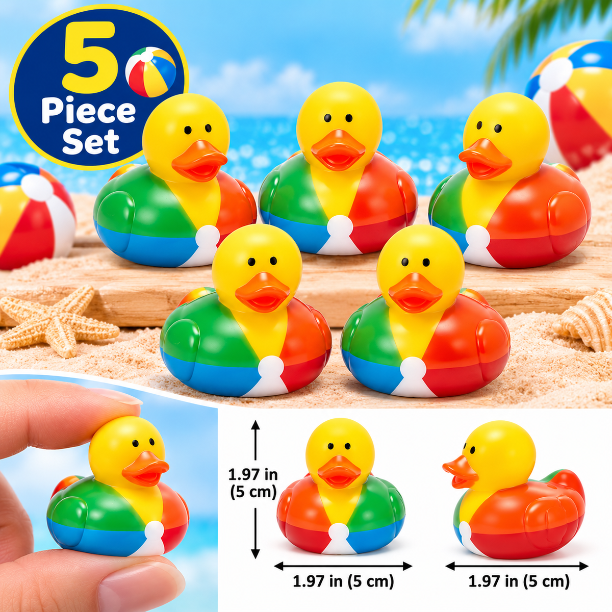 BEACH BALL Rubber Duck Gift Set of 5 | 2 Inch Ducks with Organza Bags & Ducked Cards | Ready to Gift & Hide | Duck Exchange Favors