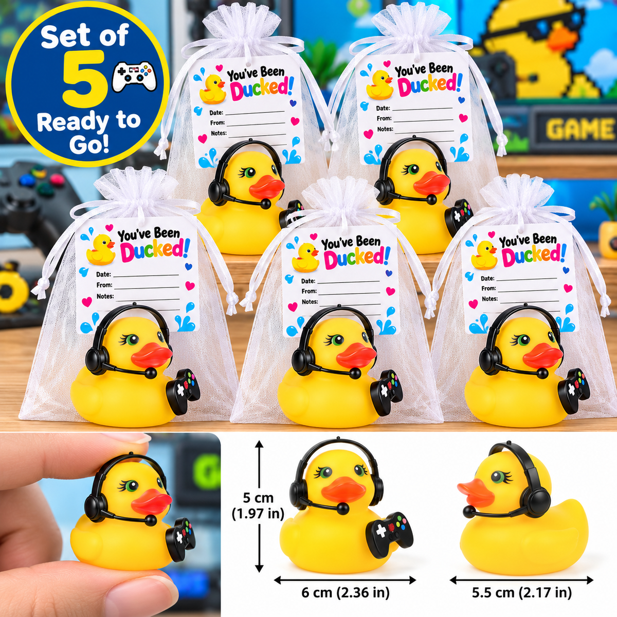 GAMER Rubber Duck Gift Set of 5 | 2 Inch Ducks with Organza Bags & Ducked Cards | Ready to Gift & Hide | Duck Exchange Favors