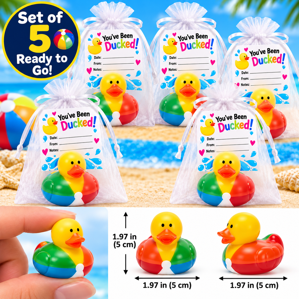 BEACH BALL Rubber Duck Gift Set of 5 | 2 Inch Ducks with Organza Bags & Ducked Cards | Ready to Gift & Hide | Duck Exchange Favors