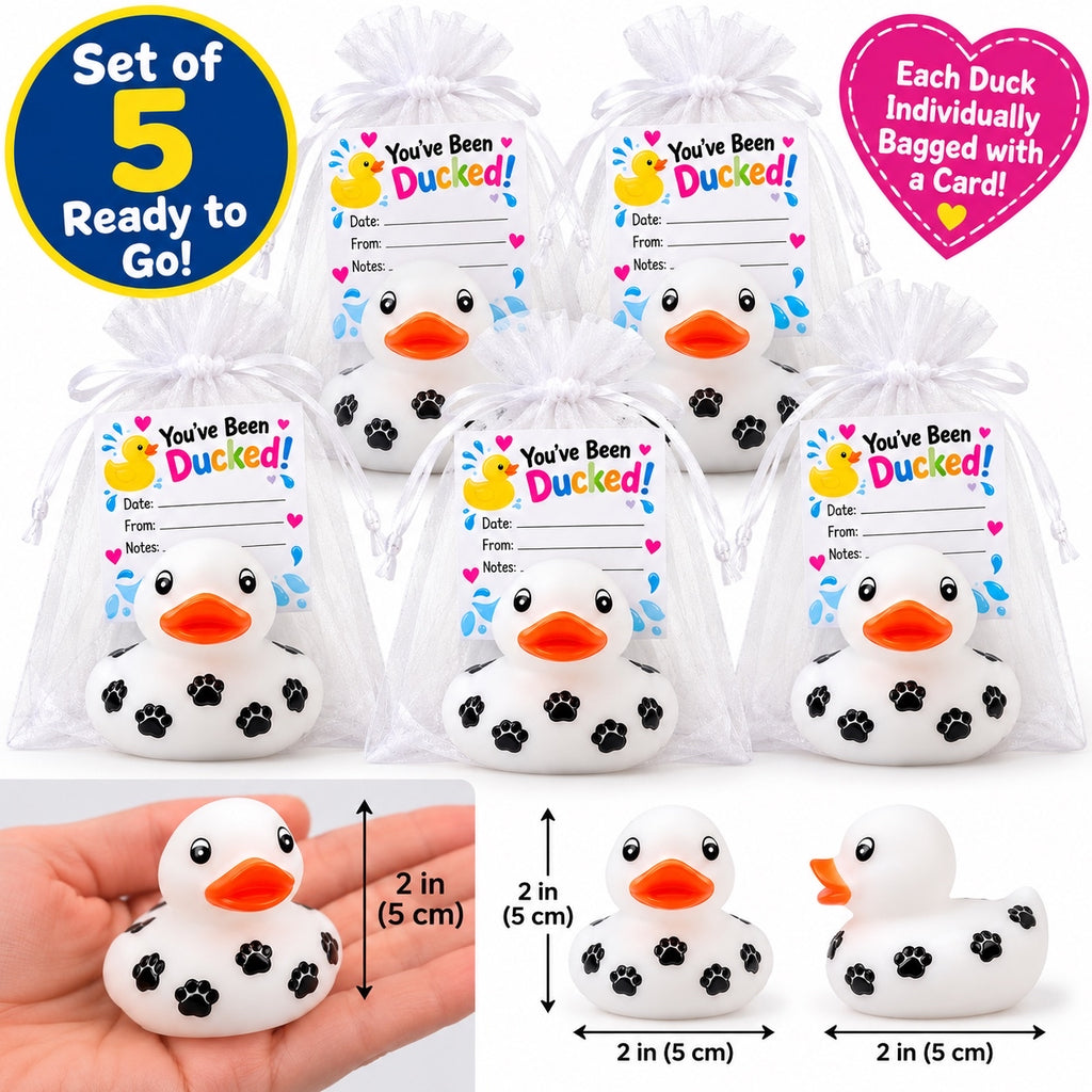 PAW PRINT Rubber Duck Gift Set of 5 | 2 Inch Ducks with Organza Bags & Ducked Cards | Ready to Gift & Hide | Duck Exchange Favors