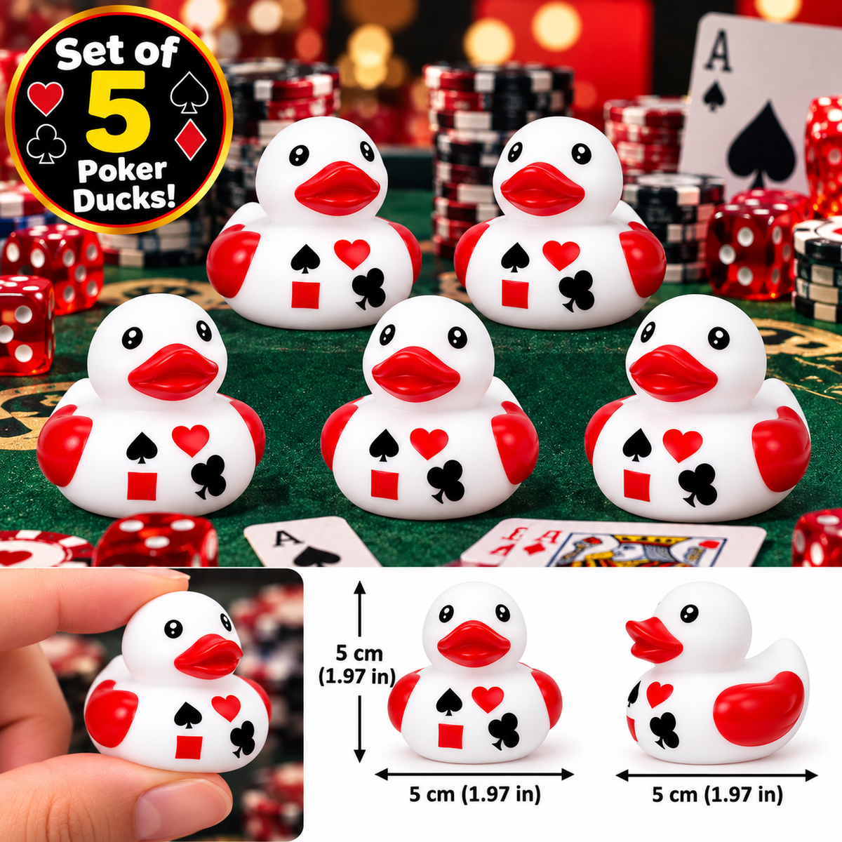 CASINO POKER Rubber Duck Gift Set of 5 | 2 Inch Ducks with Organza Bags & Ducked Cards | Ready to Gift & Hide | Duck Exchange Favors