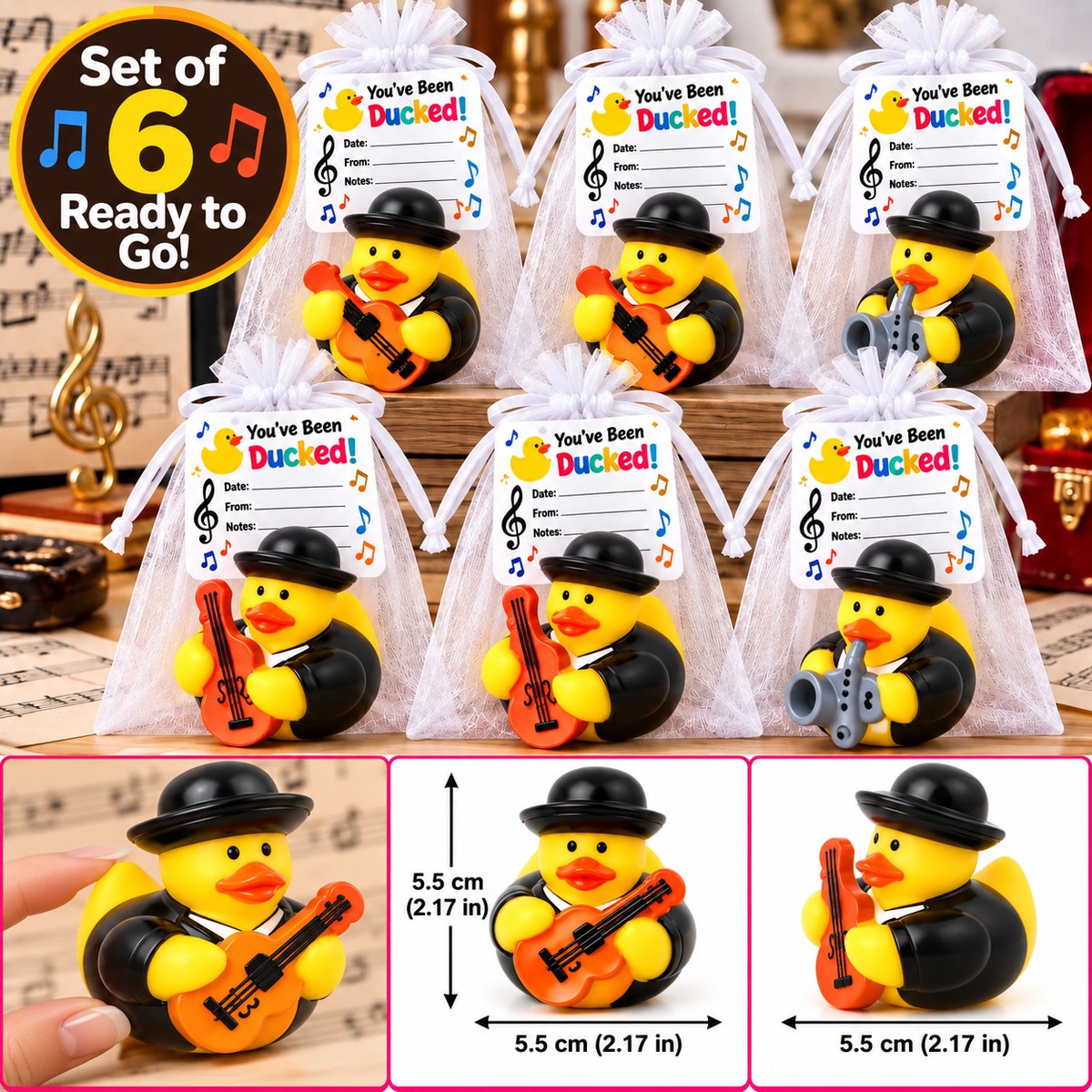 MARIACHI Rubber Duck Gift Set of 6 | 2 Inch Ducks with Organza Bags & Ducked Cards | Ready to Gift & Hide | Duck Exchange Favors