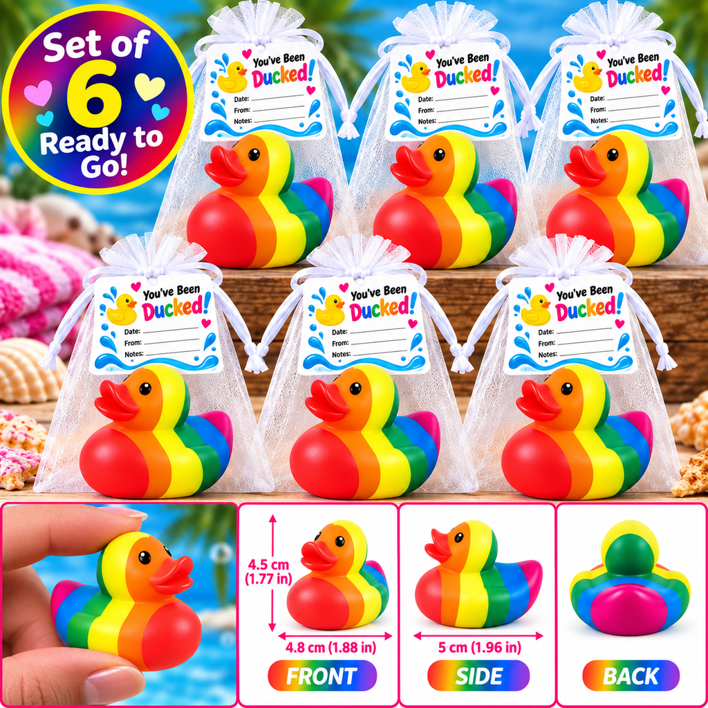 RAINBOW Rubber Duck Gift Set of 6 | 2 Inch Ducks with Organza Bags & Ducked Cards | Ready to Gift & Hide | Duck Exchange Favors