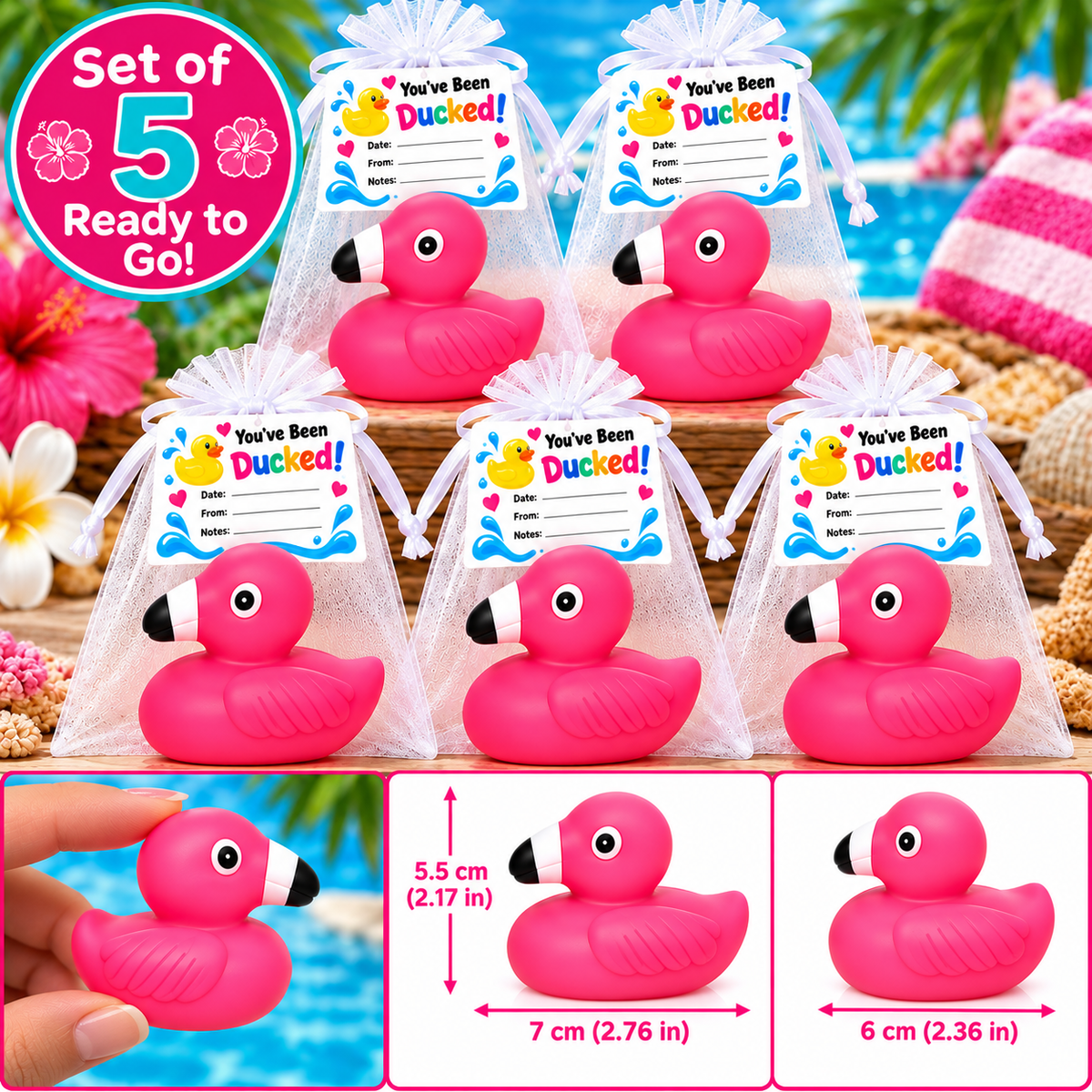 FLAMINGO Rubber Duck Gift Set of 5 | 2 Inch Ducks with Organza Bags & Ducked Cards | Ready to Gift & Hide | Duck Exchange Favors
